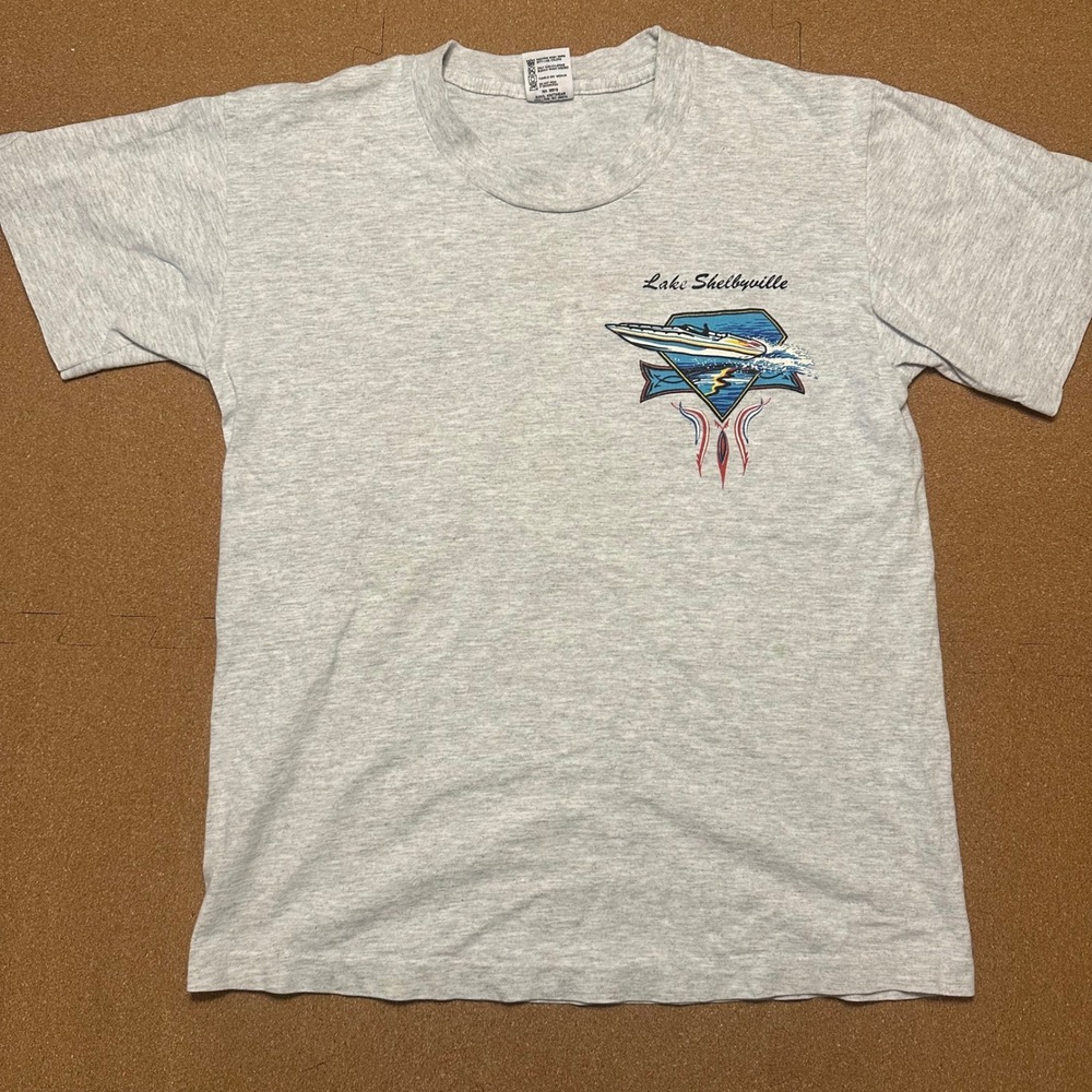 Anvil T-Shirt Mens Medium Gray Lake Shelbyville Vintage 90 Speedboat Graphic Tee